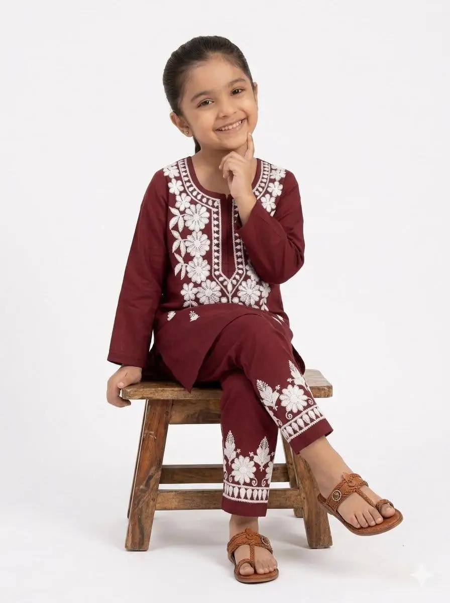 LCF CHIKAN COMPUTER EMBROIDERY RAYON SET FOR GIRL - MAROON view 2