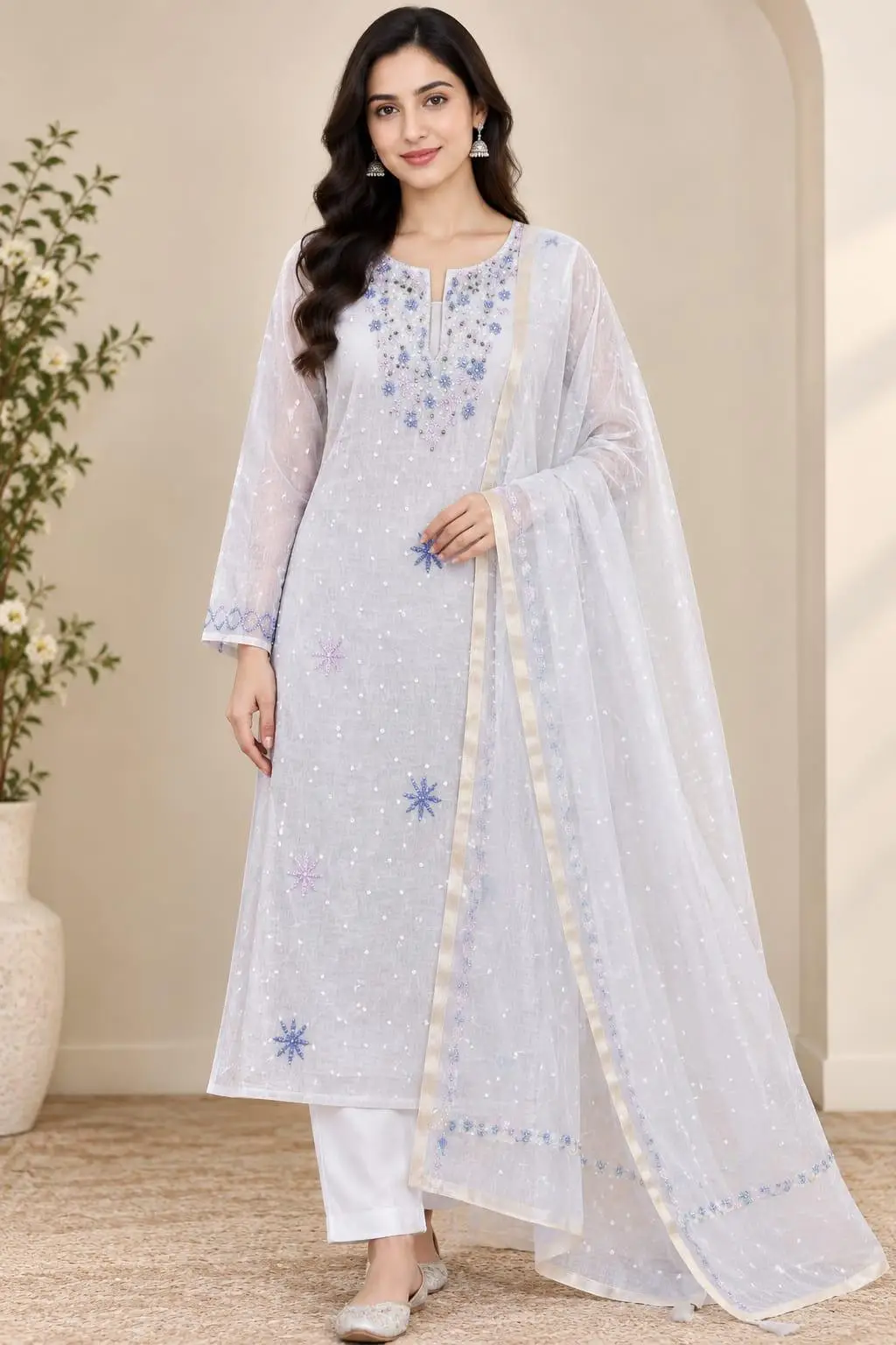 LCF CHIKAN UNSTITCHED MAL CHANDERI DRESS MATERIAL (KURTA & DUPATTA ) - BLUE & PINK