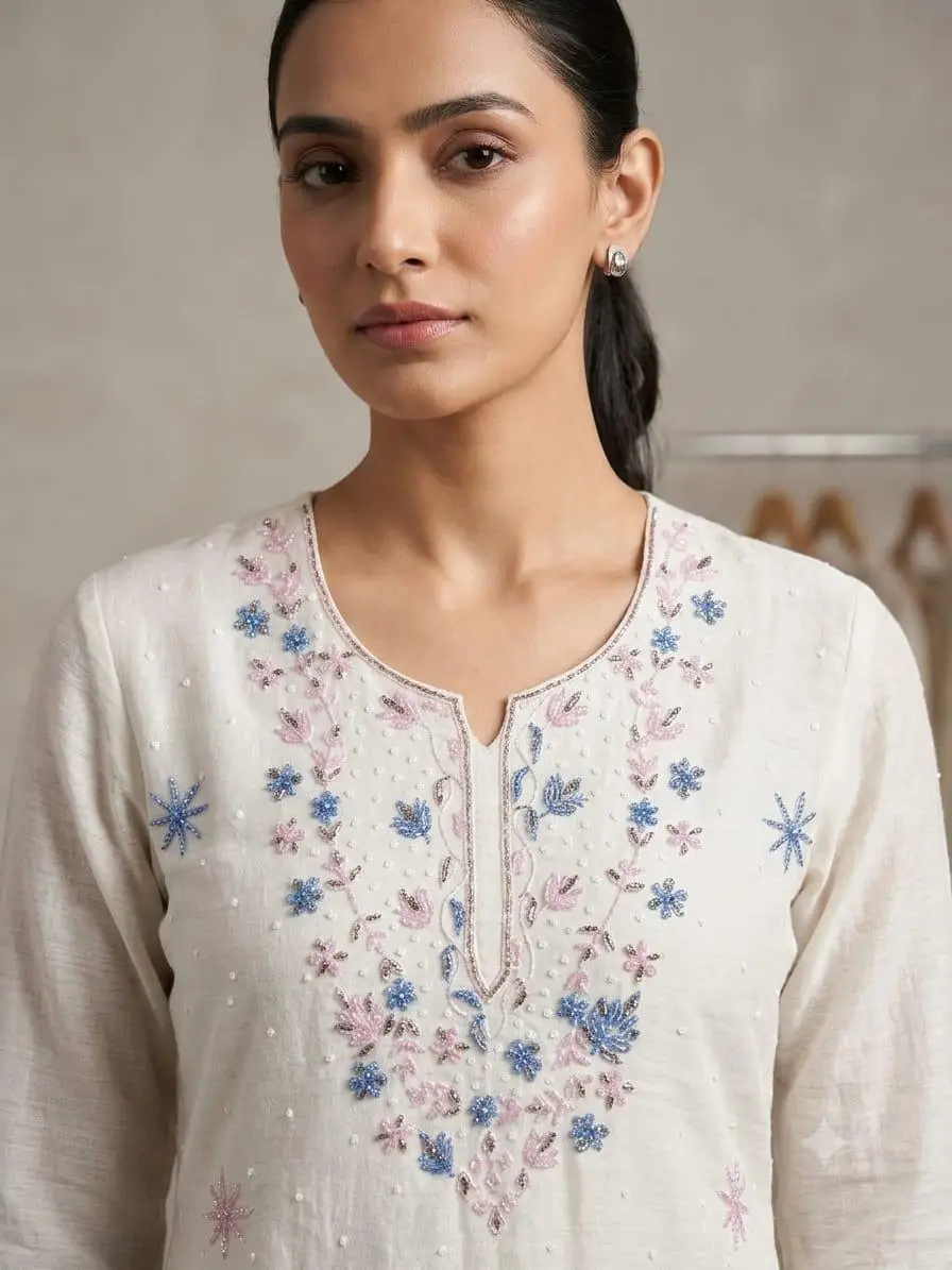 LCF CHIKAN UNSTITCHED MAL CHANDERI DRESS MATERIAL (KURTA & DUPATTA ) - BLUE & PINK view 2