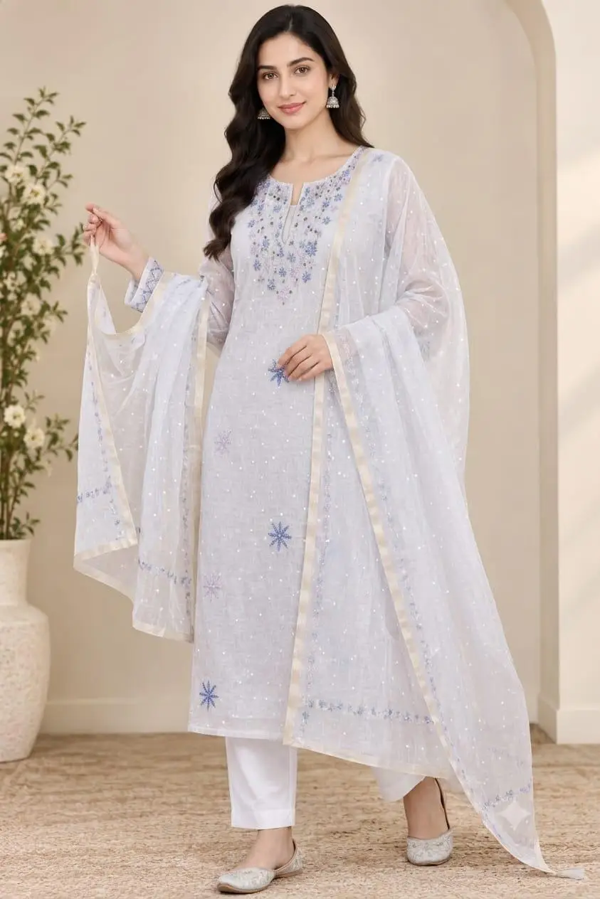 LCF CHIKAN UNSTITCHED MAL CHANDERI DRESS MATERIAL (KURTA & DUPATTA ) - BLUE & PINK view 3