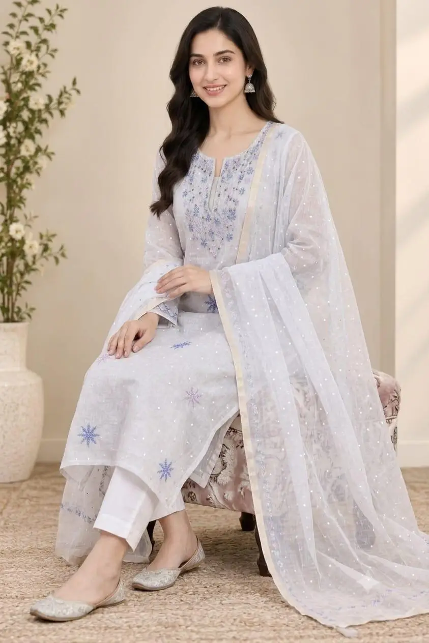 LCF CHIKAN UNSTITCHED MAL CHANDERI DRESS MATERIAL (KURTA & DUPATTA ) - BLUE & PINK view 4