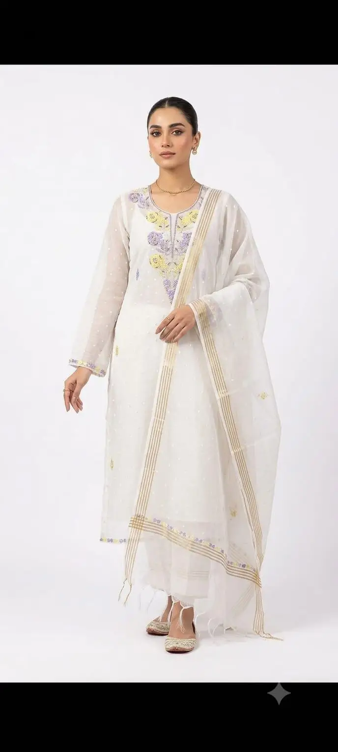 LCF CHIKAN UNSTITCHED MAL CHANDERI DRESS MATERIAL (KURTA & DUPATTA ) - YELLOW & PURPLE view 2