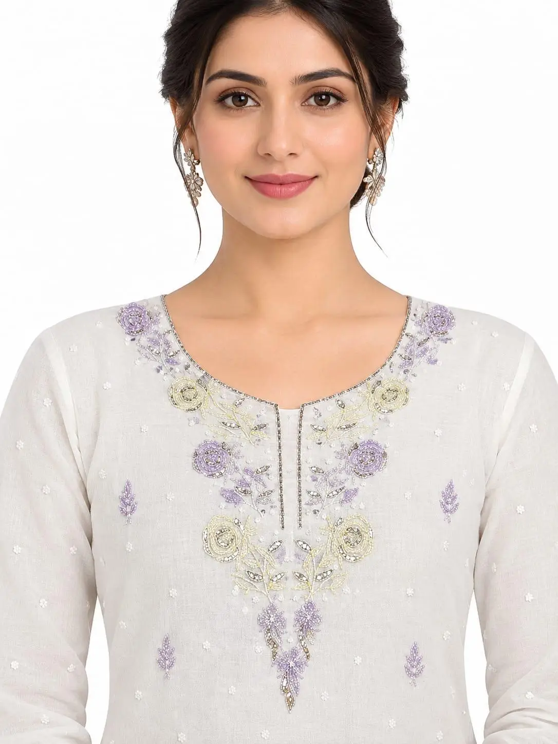 LCF CHIKAN UNSTITCHED MAL CHANDERI DRESS MATERIAL (KURTA & DUPATTA ) - YELLOW & PURPLE view 3