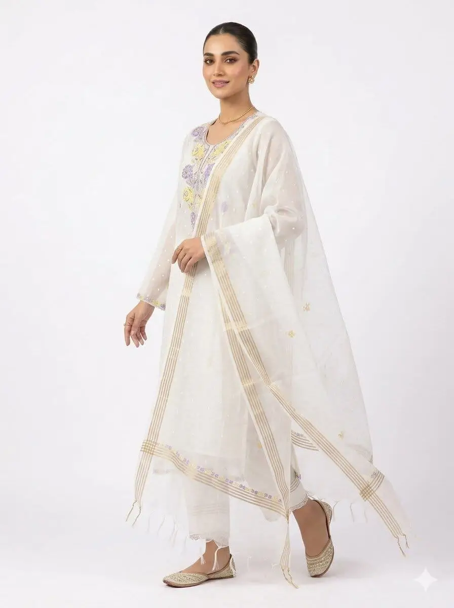 LCF CHIKAN UNSTITCHED MAL CHANDERI DRESS MATERIAL (KURTA & DUPATTA ) - YELLOW & PURPLE