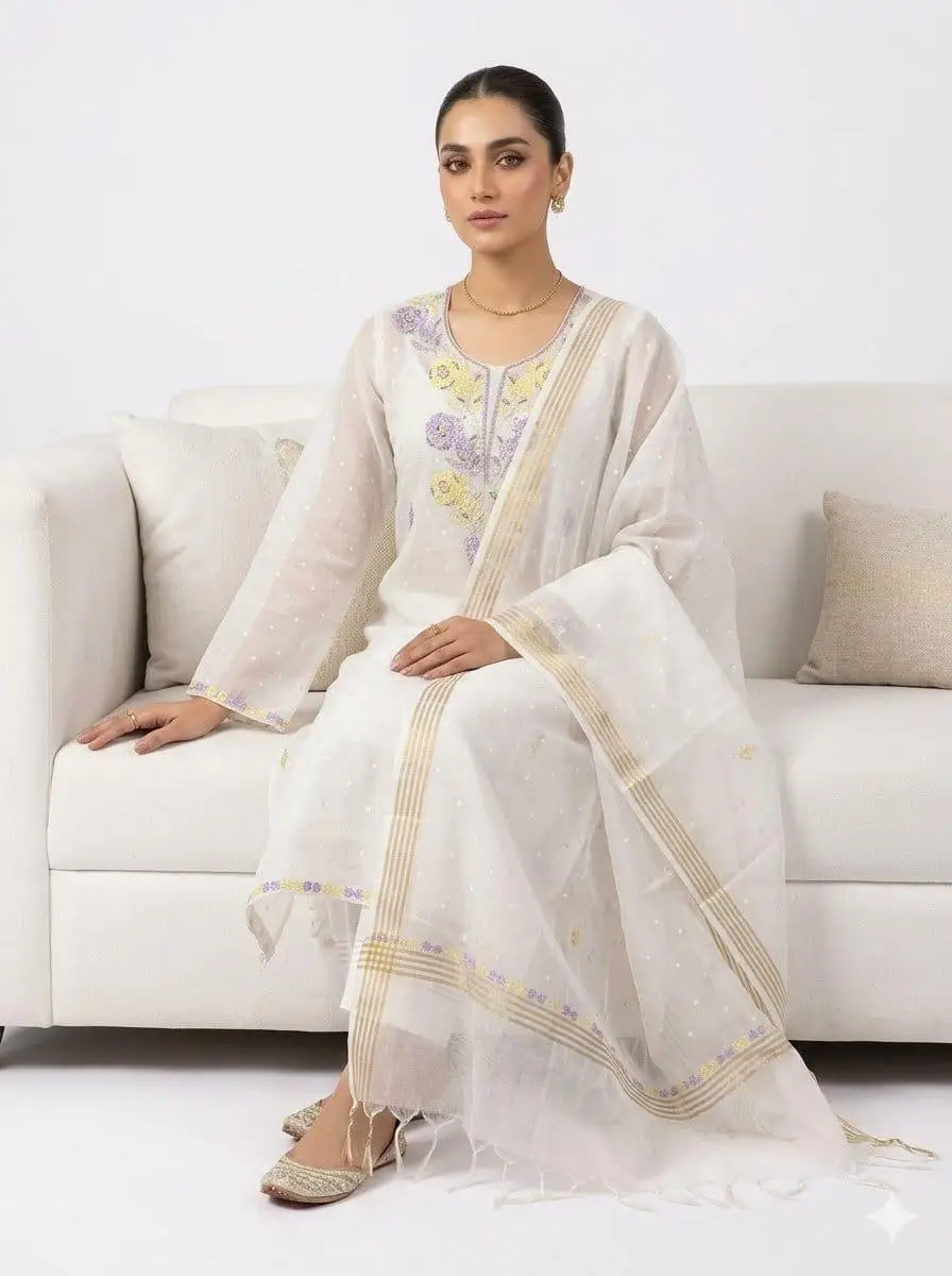 LCF CHIKAN UNSTITCHED MAL CHANDERI DRESS MATERIAL (KURTA & DUPATTA ) - YELLOW & PURPLE view 4