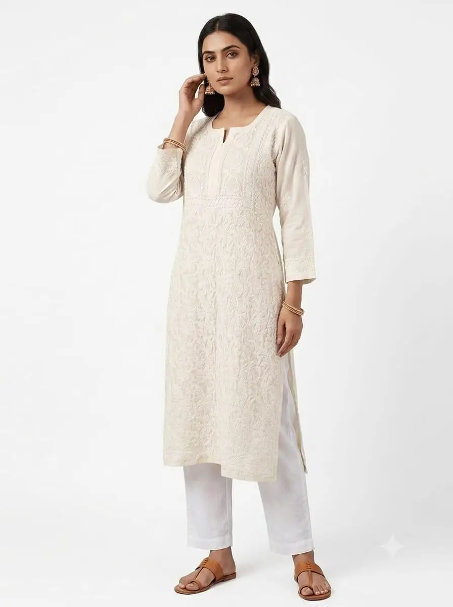 LCF CHIKAN EMBROIDERY VOIL COTTON LONG KURTI - OFF WHITE