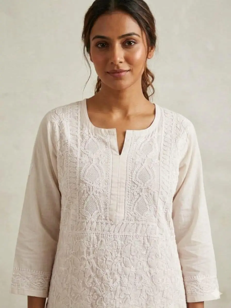 LCF CHIKAN EMBROIDERY VOIL COTTON LONG KURTI - OFF WHITE view 2