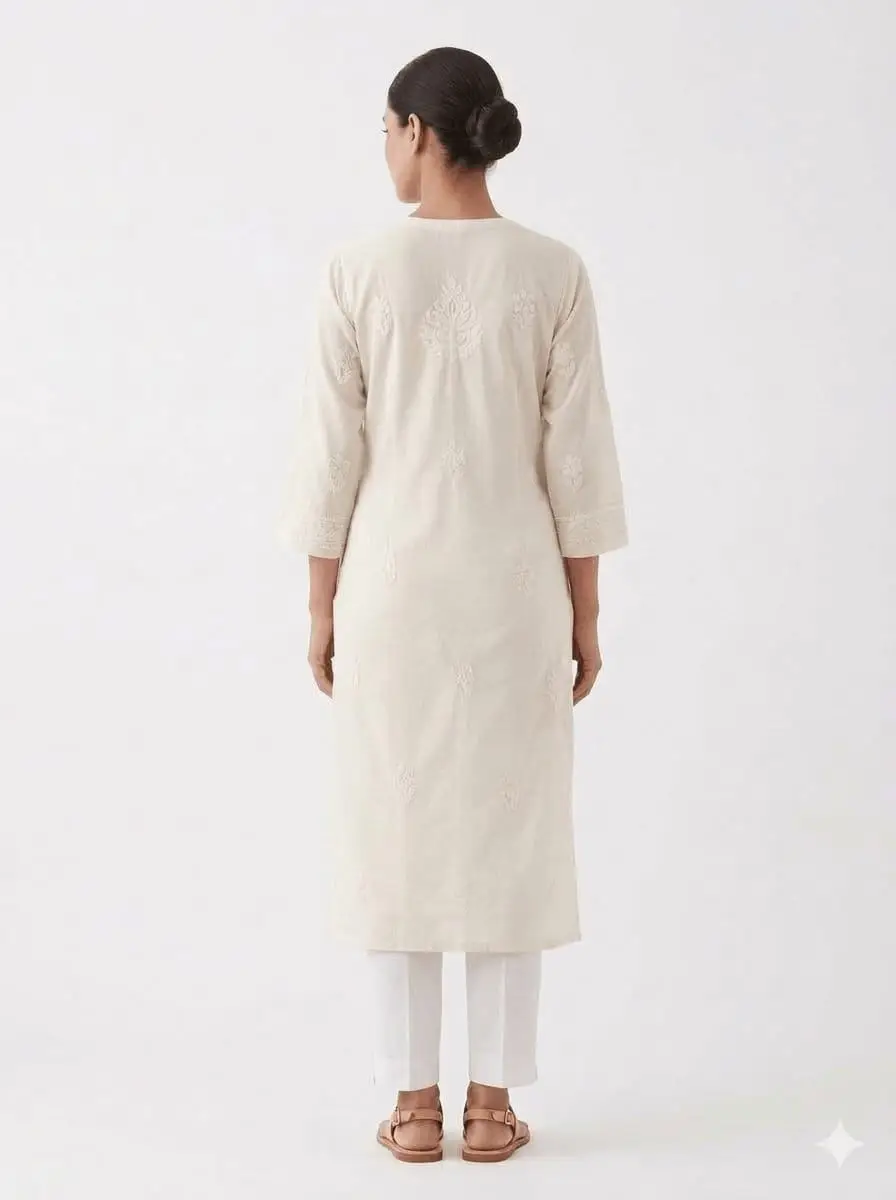 LCF CHIKAN EMBROIDERY VOIL COTTON LONG KURTI - OFF WHITE view 3