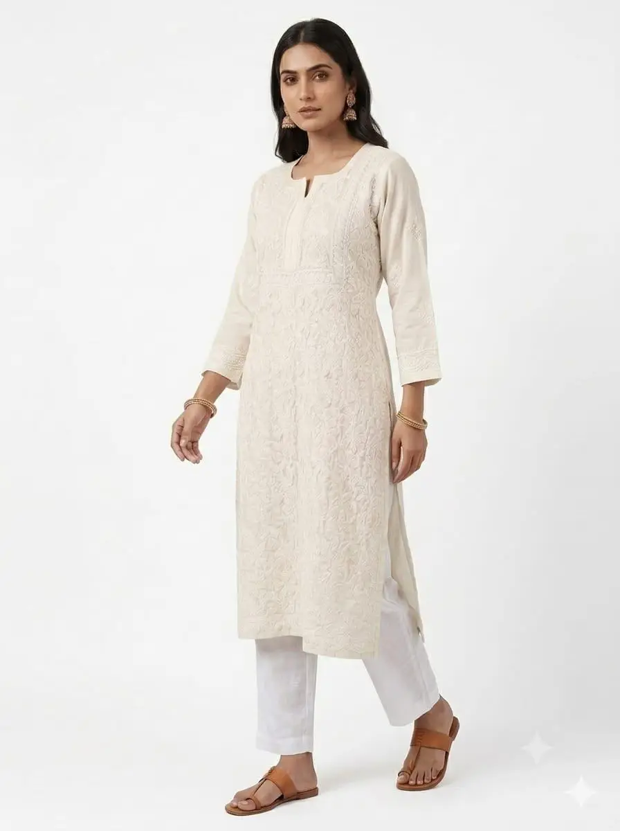 LCF CHIKAN EMBROIDERY VOIL COTTON LONG KURTI - OFF WHITE view 4