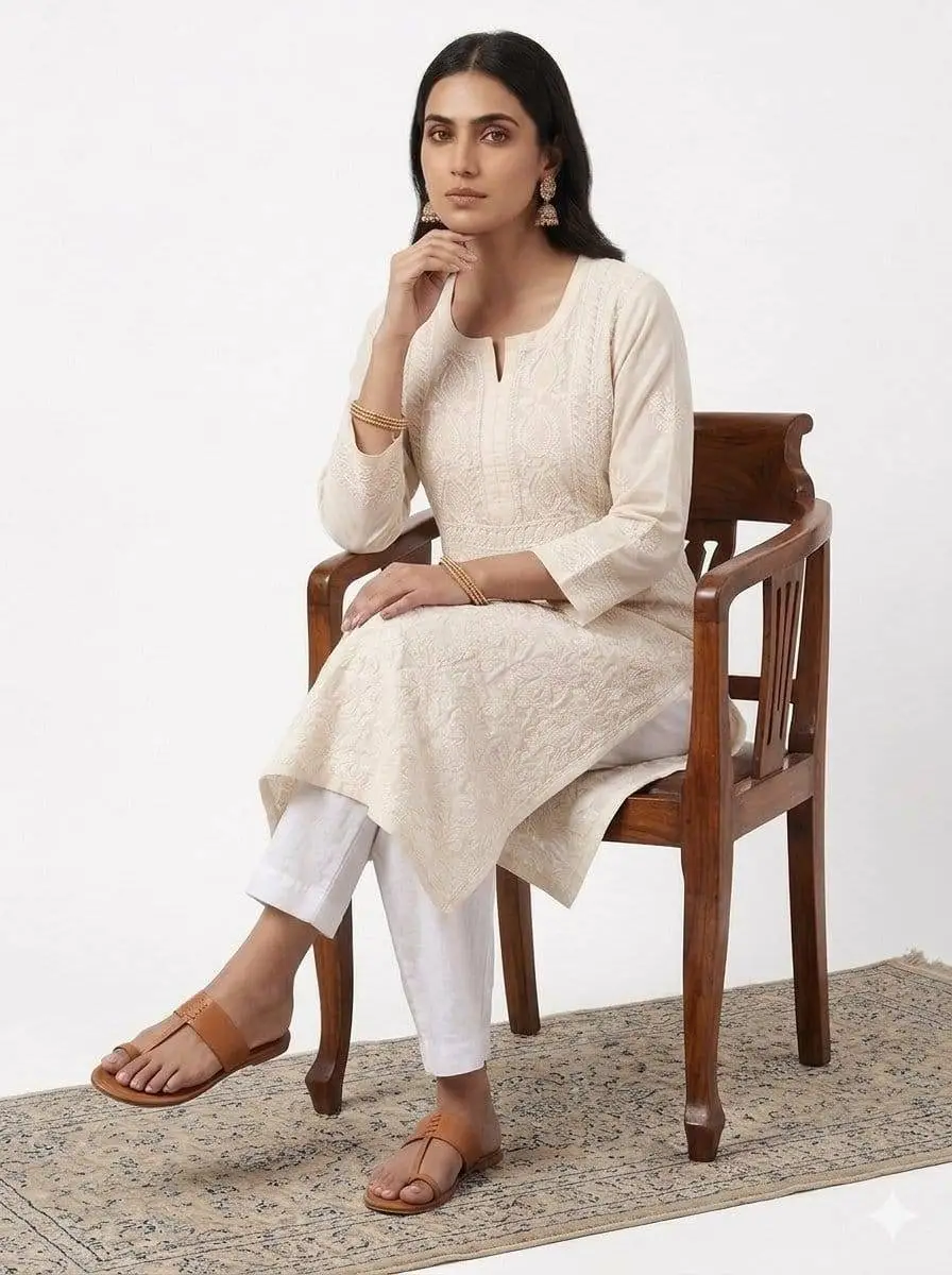 LCF CHIKAN EMBROIDERY VOIL COTTON LONG KURTI - OFF WHITE view 5