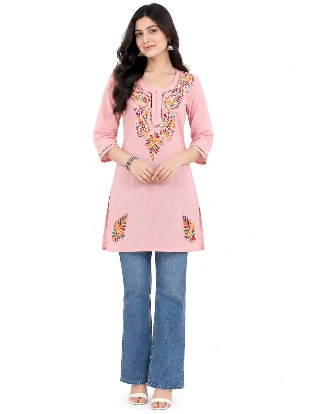 LCF CHIKAN EMBROIDERY SPORT COTTON MULTI COLOURED THREAD WORK SHORT KURTI T- BABY PINK view 2