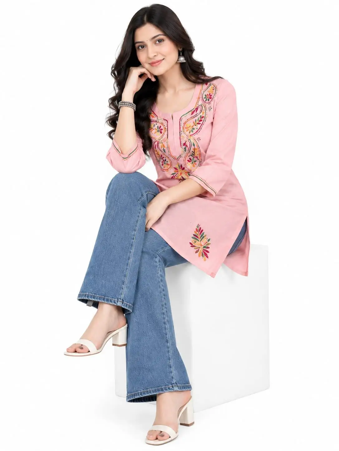 LCF CHIKAN EMBROIDERY SPORT COTTON MULTI COLOURED THREAD WORK SHORT KURTI T- BABY PINK view 3
