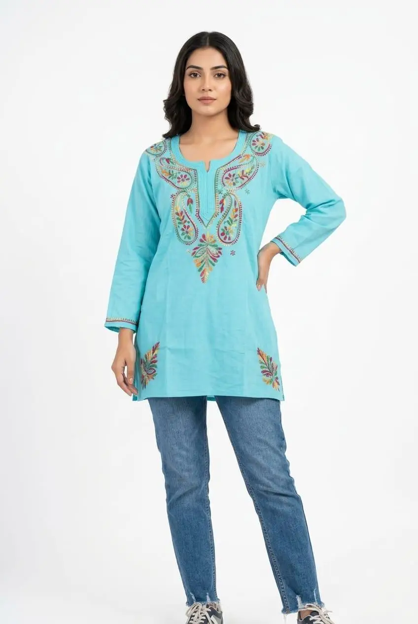 LCF CHIKAN EMBROIDERY SPORT COTTON MULTI COLOURED THREAD WORK SHORT KURTI - BLUE