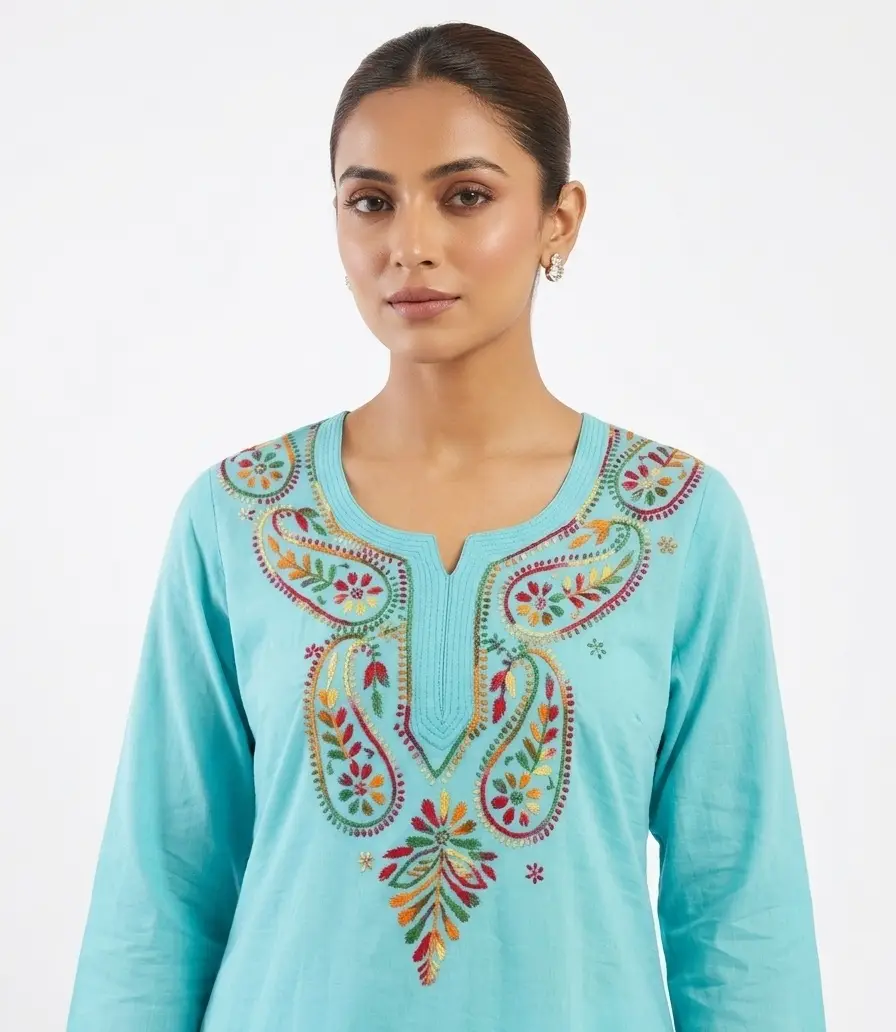 LCF CHIKAN EMBROIDERY SPORT COTTON MULTI COLOURED THREAD WORK SHORT KURTI - BLUE view 2