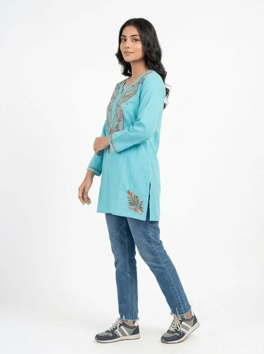 LCF CHIKAN EMBROIDERY SPORT COTTON MULTI COLOURED THREAD WORK SHORT KURTI - BLUE view 3