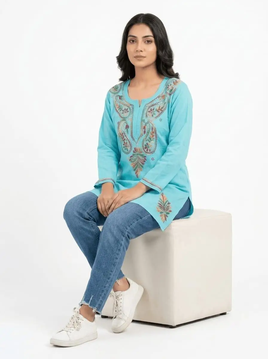 LCF CHIKAN EMBROIDERY SPORT COTTON MULTI COLOURED THREAD WORK SHORT KURTI - BLUE view 4