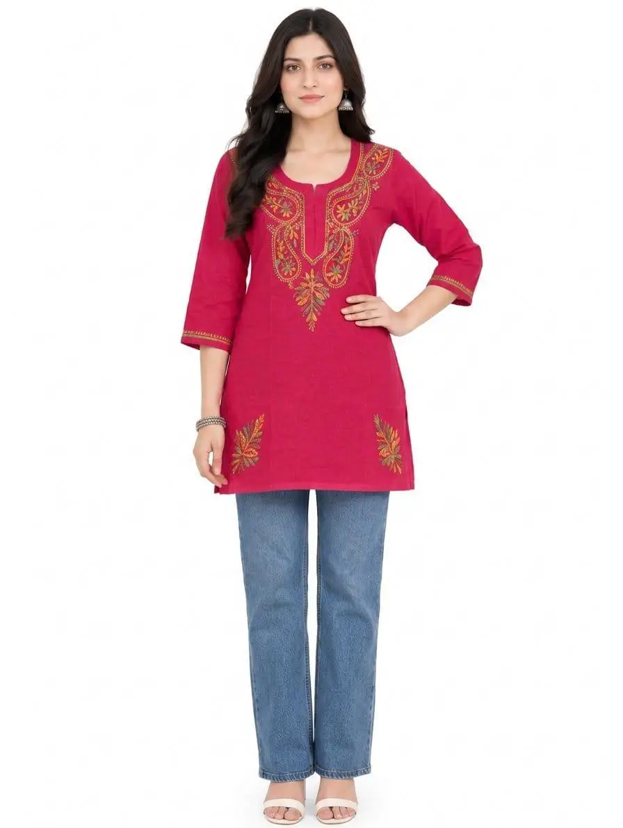 LCF CHIKAN EMBROIDERY SPORT COTTON MULTI COLOURED  THREAD WORK SHORT KURTI - CARROT view 2