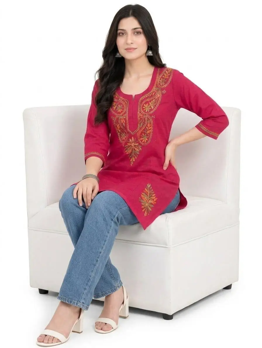 LCF CHIKAN EMBROIDERY SPORT COTTON MULTI COLOURED  THREAD WORK SHORT KURTI - CARROT view 3