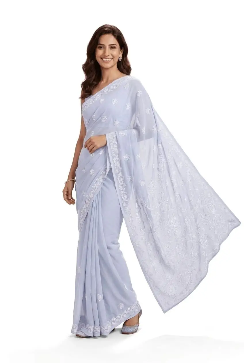 LCF CHIKAN EMBROIDERY CHIFFON SAREE - POWDER GREY