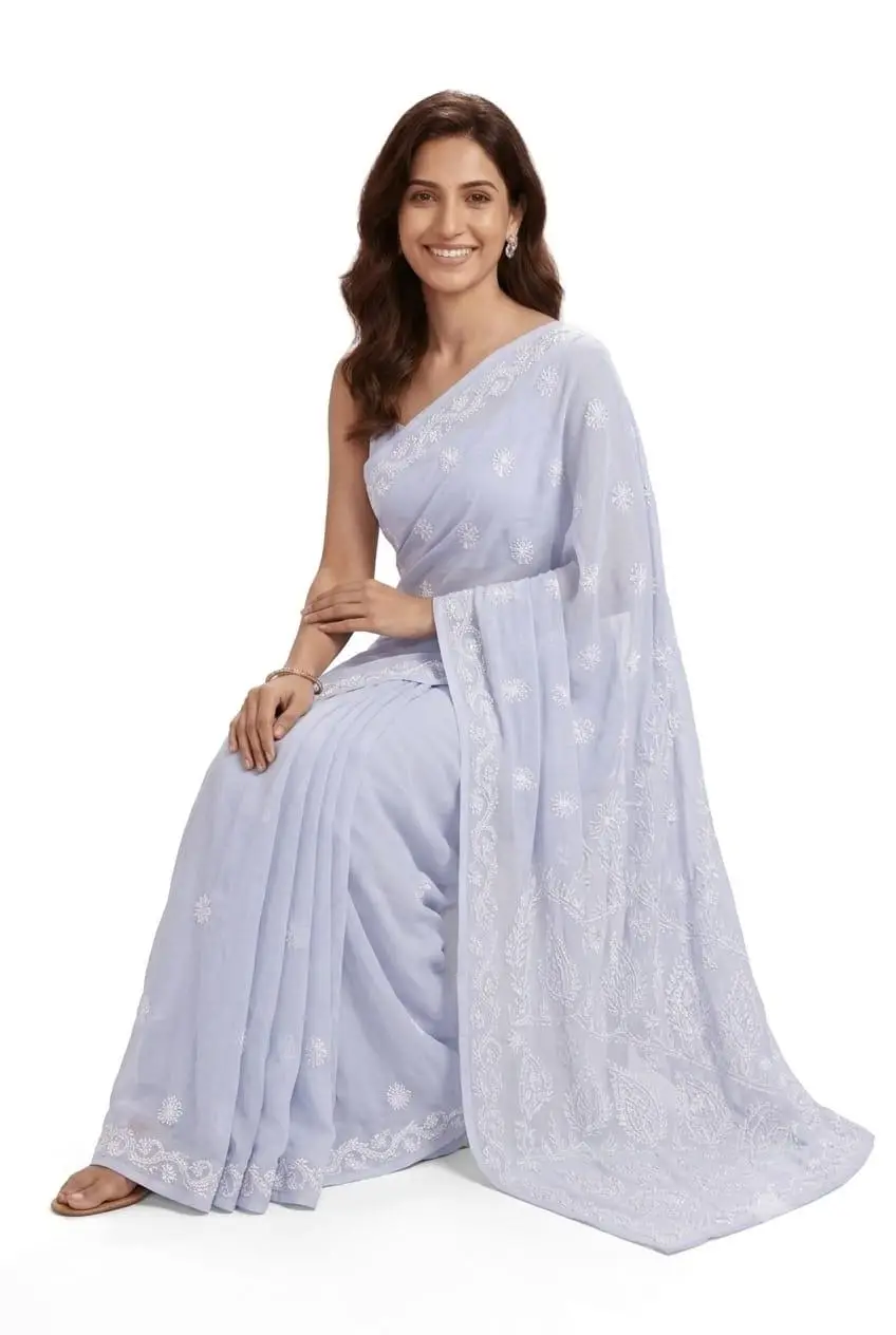 LCF CHIKAN EMBROIDERY CHIFFON SAREE - POWDER GREY view 2
