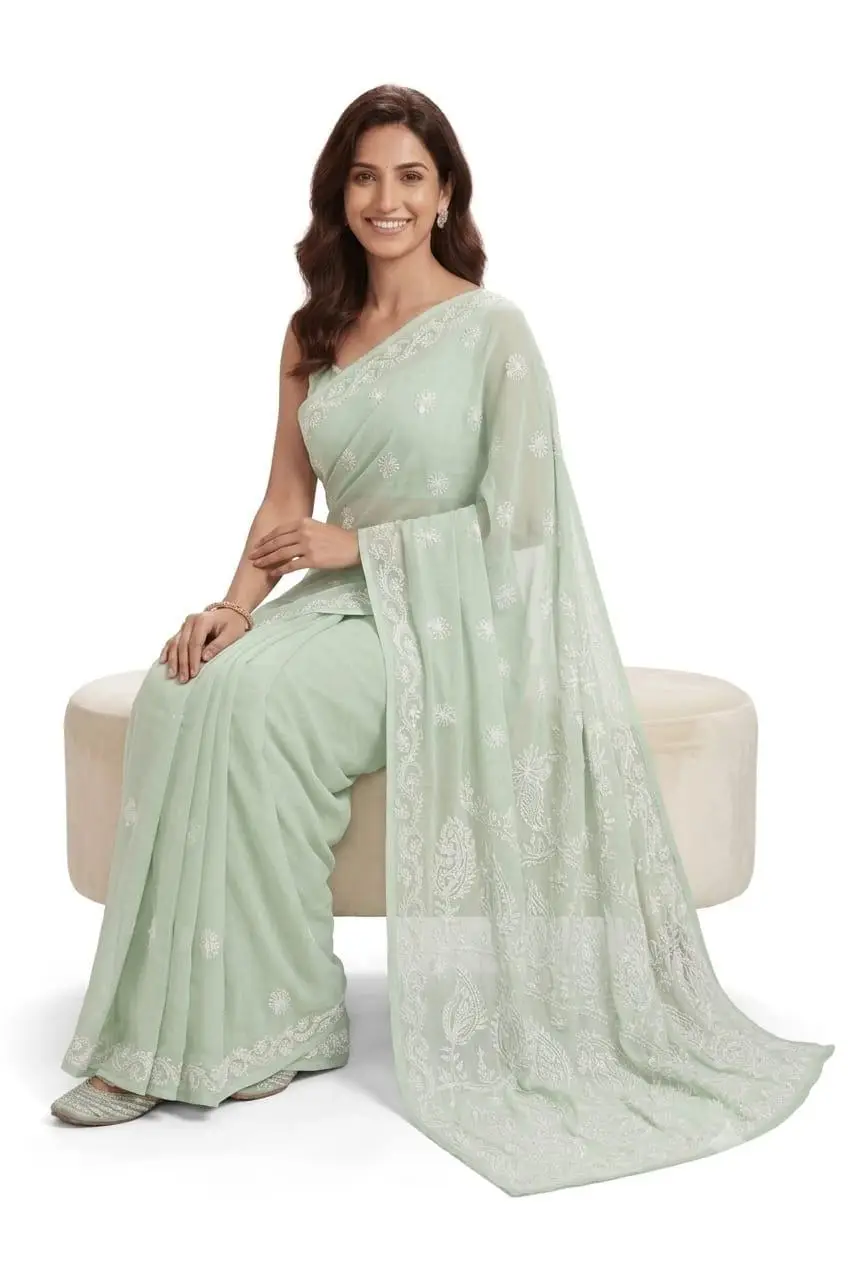 LCF CHIKAN EMBROIDERY CHIFFON SAREE - SAGE GREEN view 2