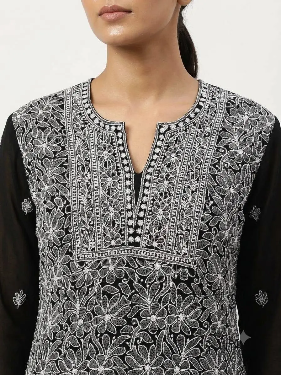 LCF CHIKAN EMBROIDERY CHIFOON FULL JAAL WORK UNSTITCHED DRESS MATERIAL( KURTI DUPATTA & BOTTOM ) - BLACK view 2