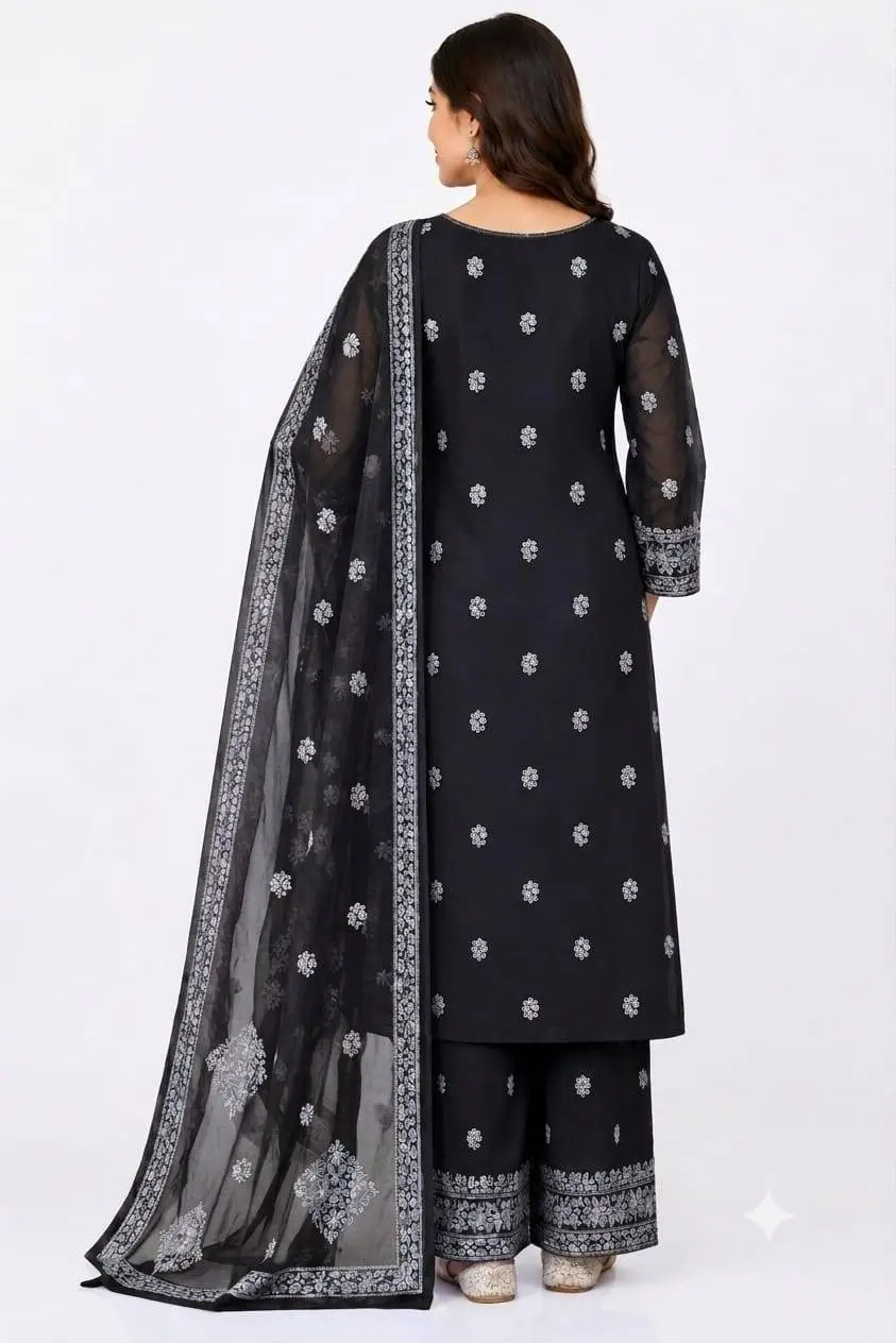 LCF CHIKAN EMBROIDERY CHIFOON FULL JAAL WORK UNSTITCHED DRESS MATERIAL( KURTI DUPATTA & BOTTOM ) - BLACK view 3