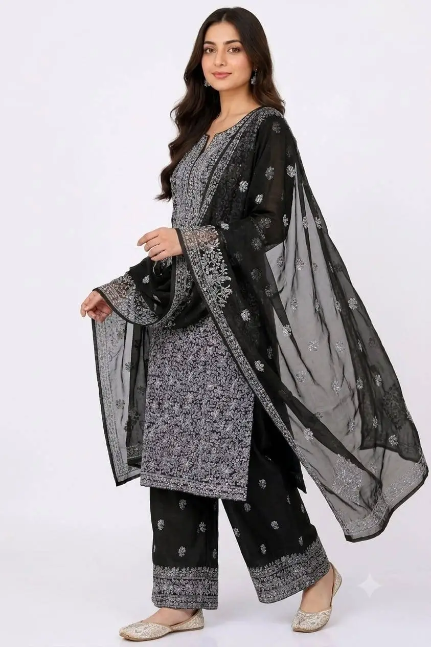 LCF CHIKAN EMBROIDERY CHIFOON FULL JAAL WORK UNSTITCHED DRESS MATERIAL( KURTI DUPATTA & BOTTOM ) - BLACK view 4