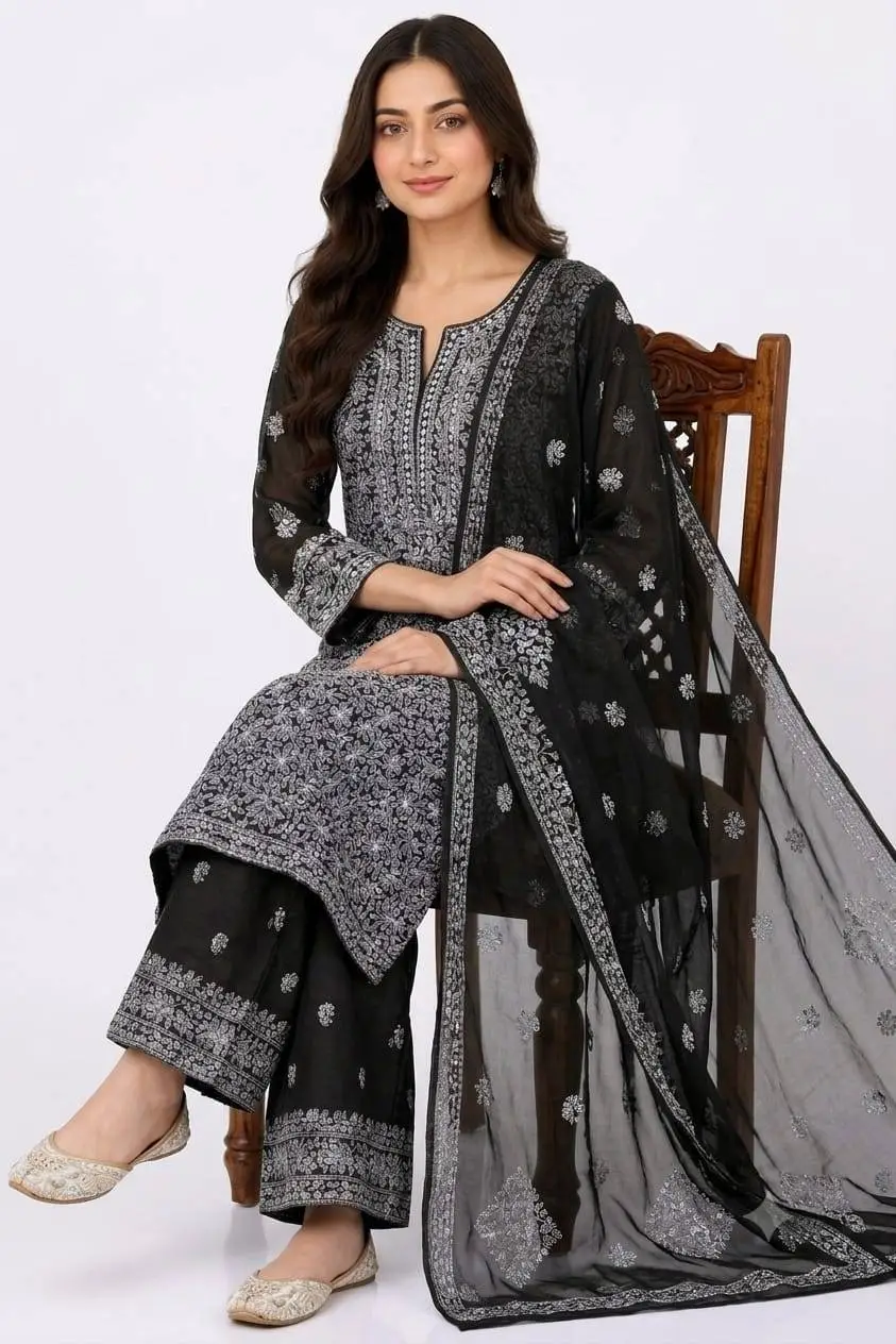 LCF CHIKAN EMBROIDERY CHIFOON FULL JAAL WORK UNSTITCHED DRESS MATERIAL( KURTI DUPATTA & BOTTOM ) - BLACK view 5