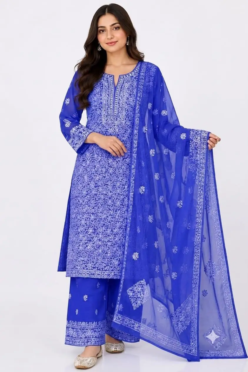LCF CHIKAN EMBROIDERY CHIFOON FULL JAAL WORK UNSTITCHED DRESS MATERIAL( KURTI DUPATTA & BOTTOM ) - ROYAL BLUE