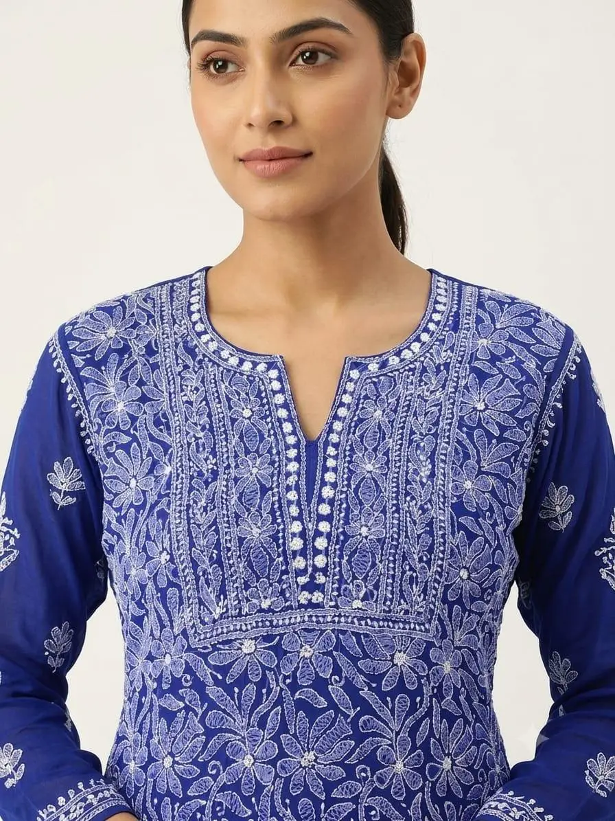 LCF CHIKAN EMBROIDERY CHIFOON FULL JAAL WORK UNSTITCHED DRESS MATERIAL( KURTI DUPATTA & BOTTOM ) - ROYAL BLUE view 2