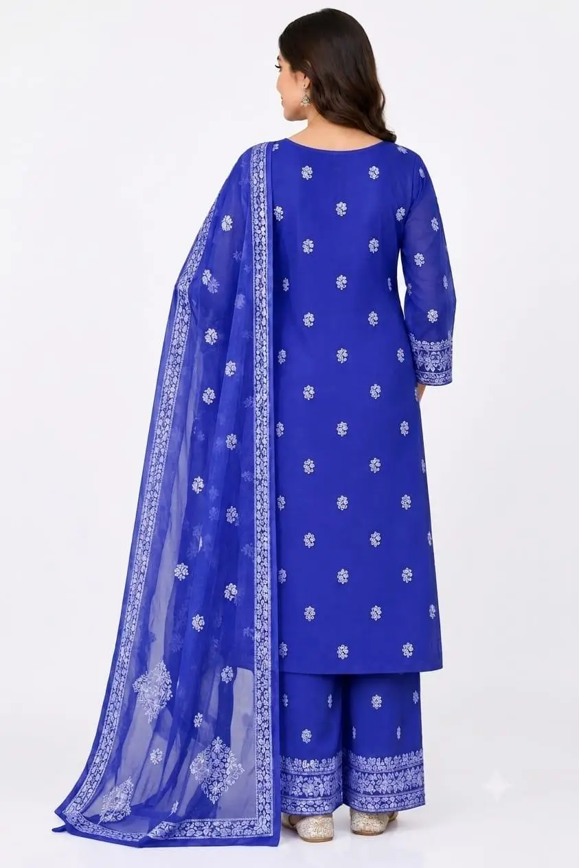 LCF CHIKAN EMBROIDERY CHIFOON FULL JAAL WORK UNSTITCHED DRESS MATERIAL( KURTI DUPATTA & BOTTOM ) - ROYAL BLUE view 3