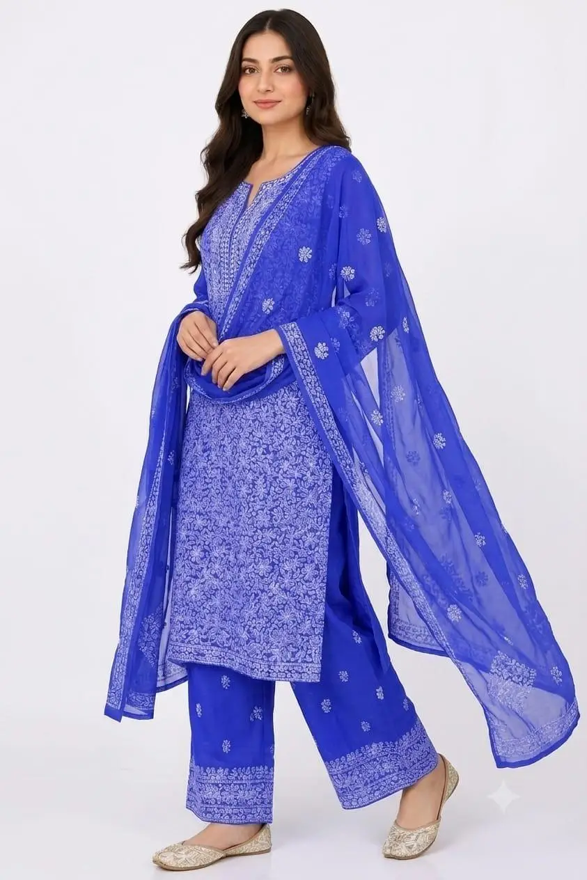 LCF CHIKAN EMBROIDERY CHIFOON FULL JAAL WORK UNSTITCHED DRESS MATERIAL( KURTI DUPATTA & BOTTOM ) - ROYAL BLUE view 4