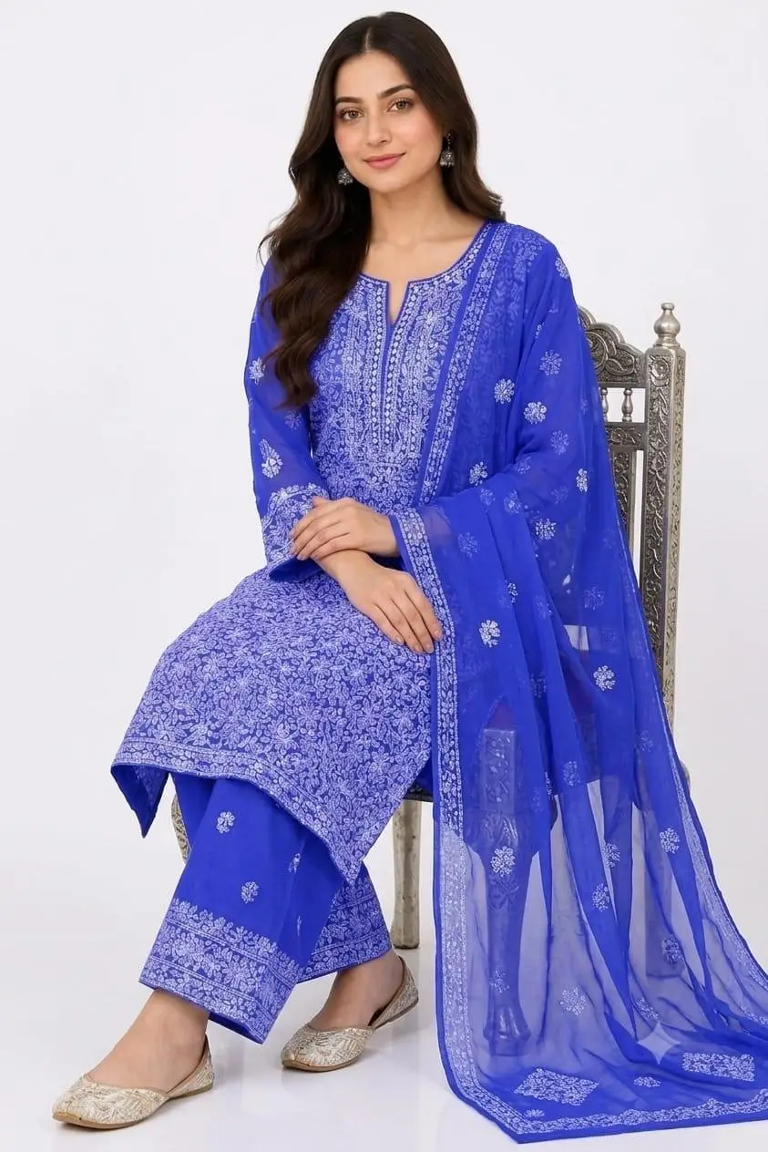 LCF CHIKAN EMBROIDERY CHIFOON FULL JAAL WORK UNSTITCHED DRESS MATERIAL( KURTI DUPATTA & BOTTOM ) - ROYAL BLUE view 5