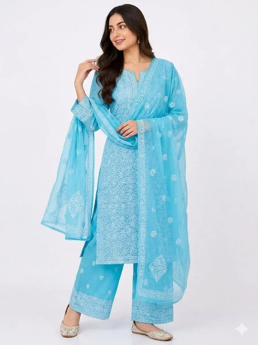 LCF CHIKAN EMBROIDERY CHIFOON FULL JAAL WORK UNSTITCHED DRESS MATERIAL( KURTI DUPATTA & BOTTOM)- SKY BLUE