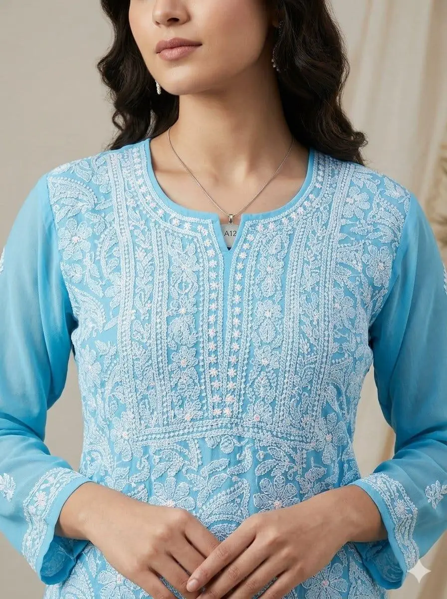 LCF CHIKAN EMBROIDERY CHIFOON FULL JAAL WORK UNSTITCHED DRESS MATERIAL( KURTI DUPATTA & BOTTOM)- SKY BLUE view 2