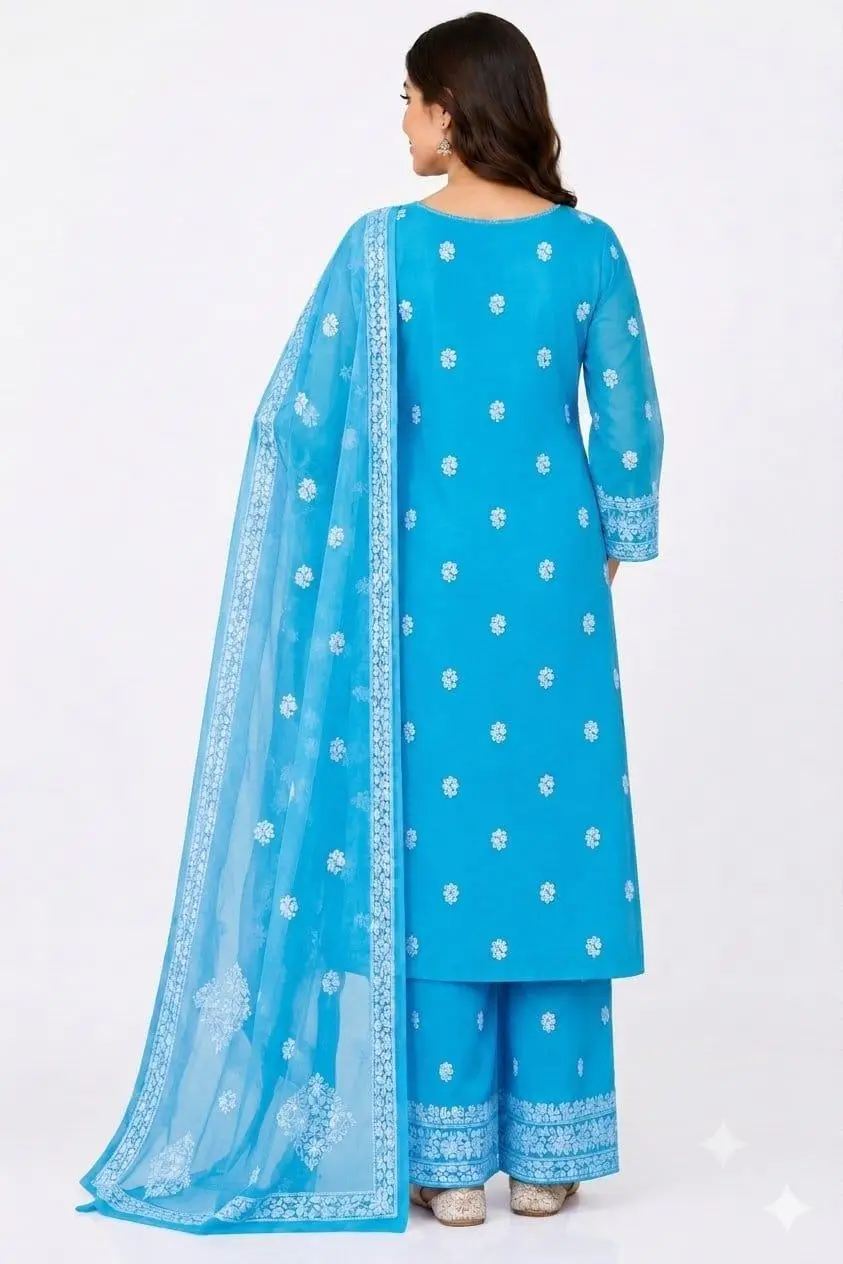 LCF CHIKAN EMBROIDERY CHIFOON FULL JAAL WORK UNSTITCHED DRESS MATERIAL( KURTI DUPATTA & BOTTOM)- SKY BLUE view 3