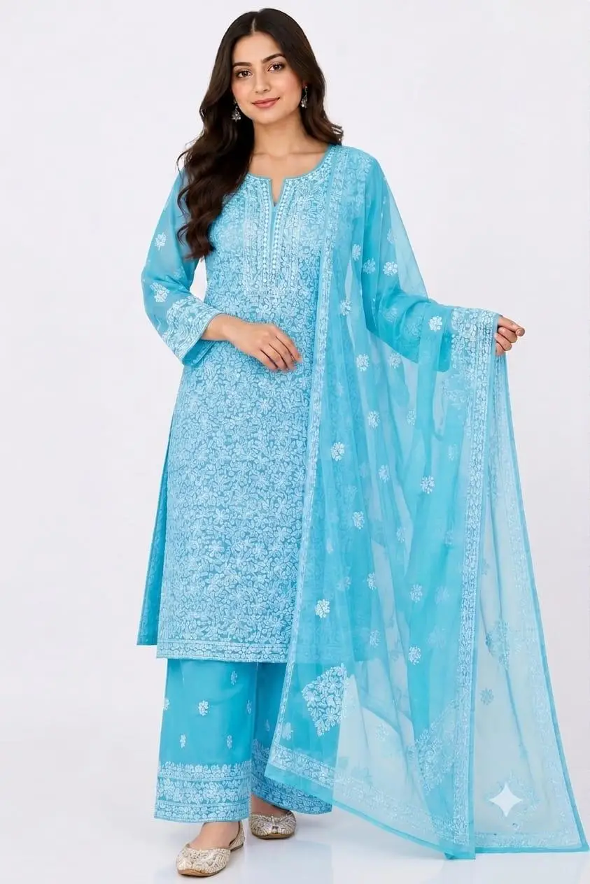 LCF CHIKAN EMBROIDERY CHIFOON FULL JAAL WORK UNSTITCHED DRESS MATERIAL( KURTI DUPATTA & BOTTOM)- SKY BLUE view 4