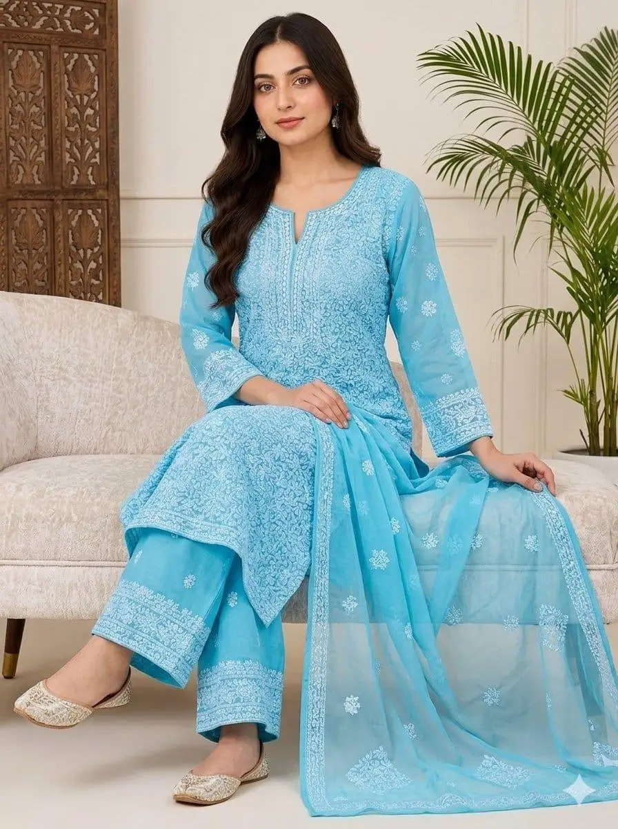 LCF CHIKAN EMBROIDERY CHIFOON FULL JAAL WORK UNSTITCHED DRESS MATERIAL( KURTI DUPATTA & BOTTOM)- SKY BLUE view 5
