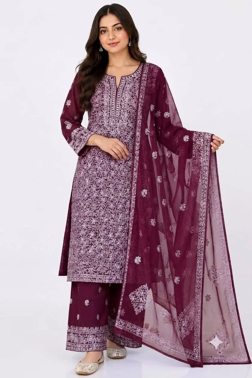 LCF CHIKAN EMBROIDERY CHIFOON FULL JAAL WORK UNSTITCHED DRESS MATERIAL( KURTI DUPATTA & BOTTOM) - WINE