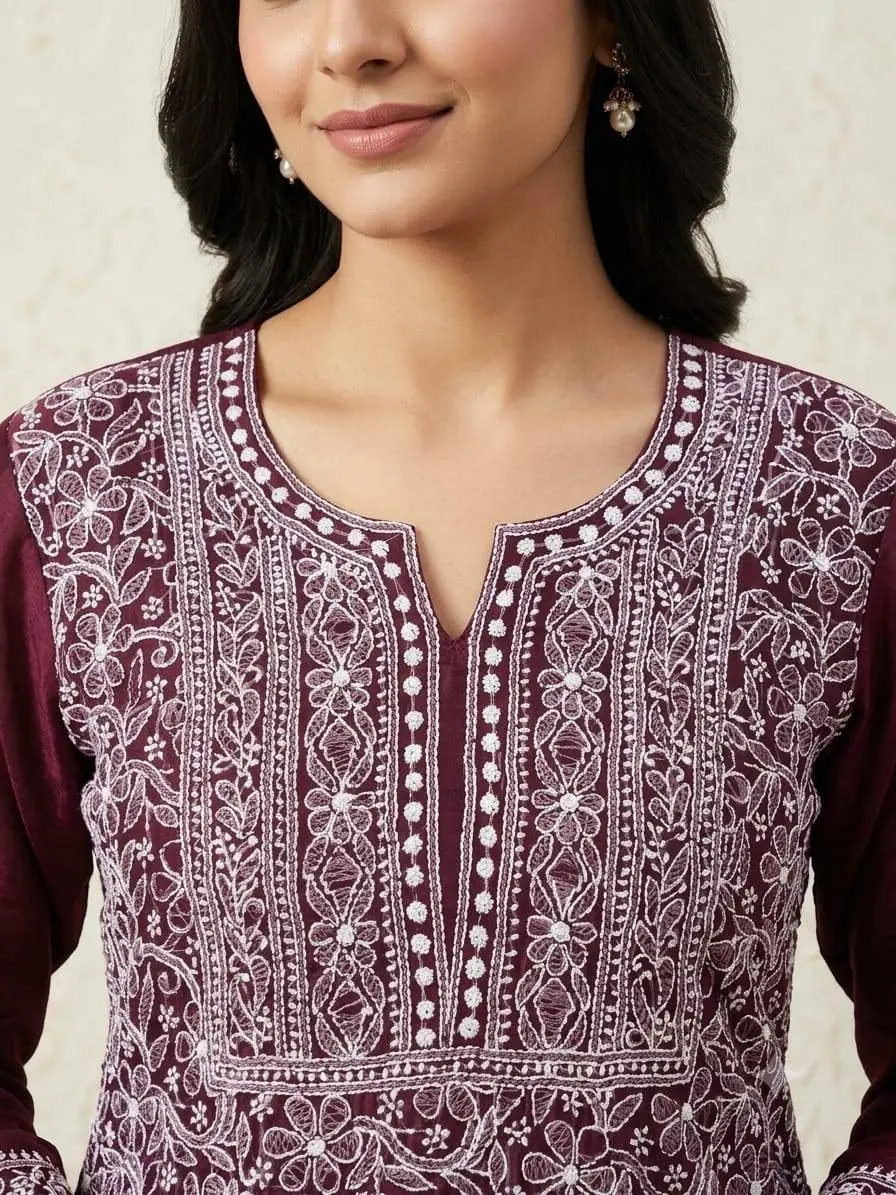 LCF CHIKAN EMBROIDERY CHIFOON FULL JAAL WORK UNSTITCHED DRESS MATERIAL( KURTI DUPATTA & BOTTOM) - WINE view 2