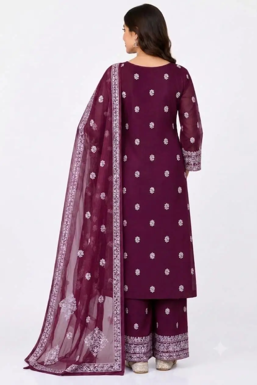 LCF CHIKAN EMBROIDERY CHIFOON FULL JAAL WORK UNSTITCHED DRESS MATERIAL( KURTI DUPATTA & BOTTOM) - WINE view 3