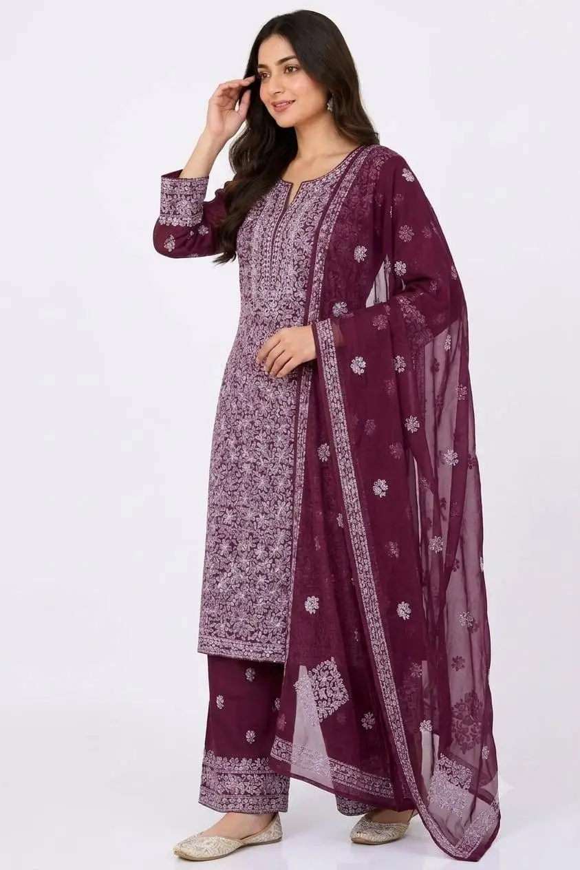 LCF CHIKAN EMBROIDERY CHIFOON FULL JAAL WORK UNSTITCHED DRESS MATERIAL( KURTI DUPATTA & BOTTOM) - WINE view 4