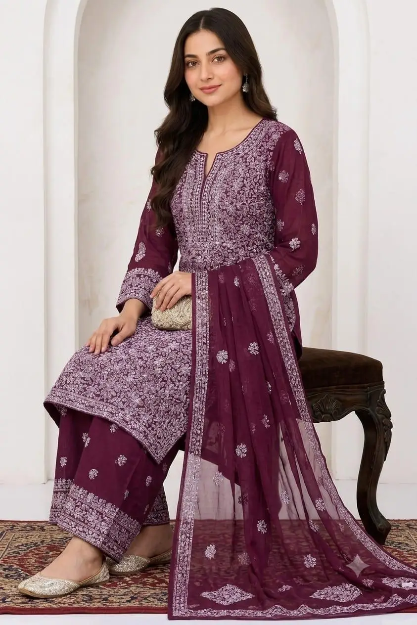 LCF CHIKAN EMBROIDERY CHIFOON FULL JAAL WORK UNSTITCHED DRESS MATERIAL( KURTI DUPATTA & BOTTOM) - WINE view 5