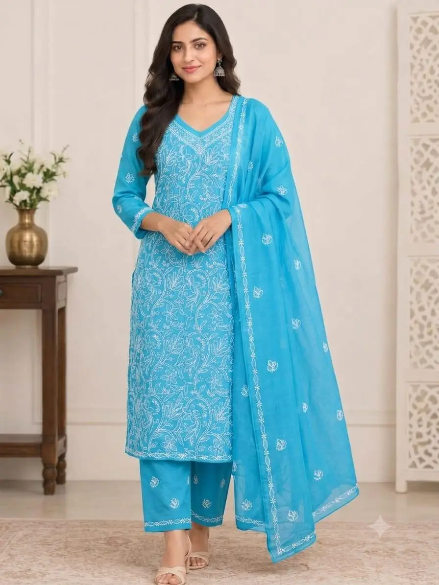 LCF CHIKAN EMBROIDERY MAL COTTON UNSTITCHED DRESS MATERIAL( KURTI DUPATTA & BOTTOM)- BLUE