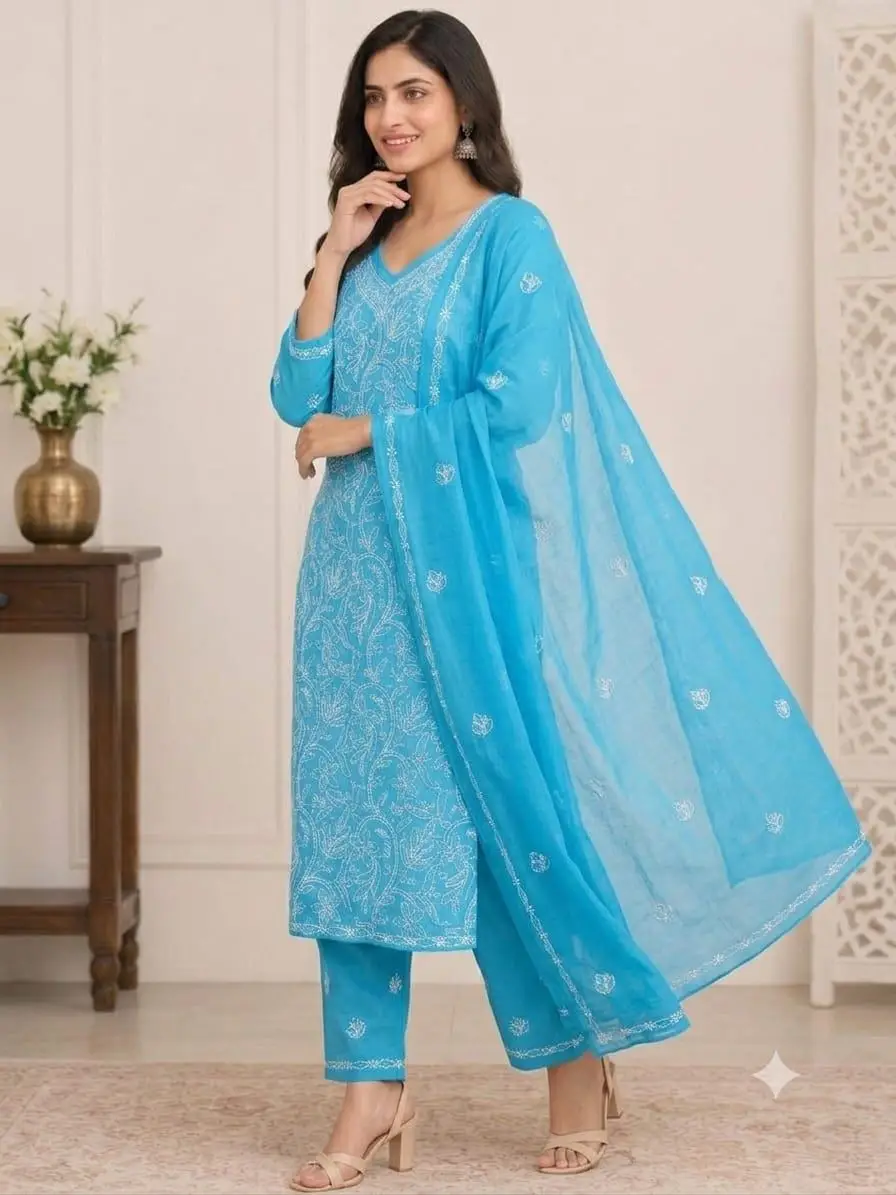 LCF CHIKAN EMBROIDERY MAL COTTON UNSTITCHED DRESS MATERIAL( KURTI DUPATTA & BOTTOM)- BLUE view 2
