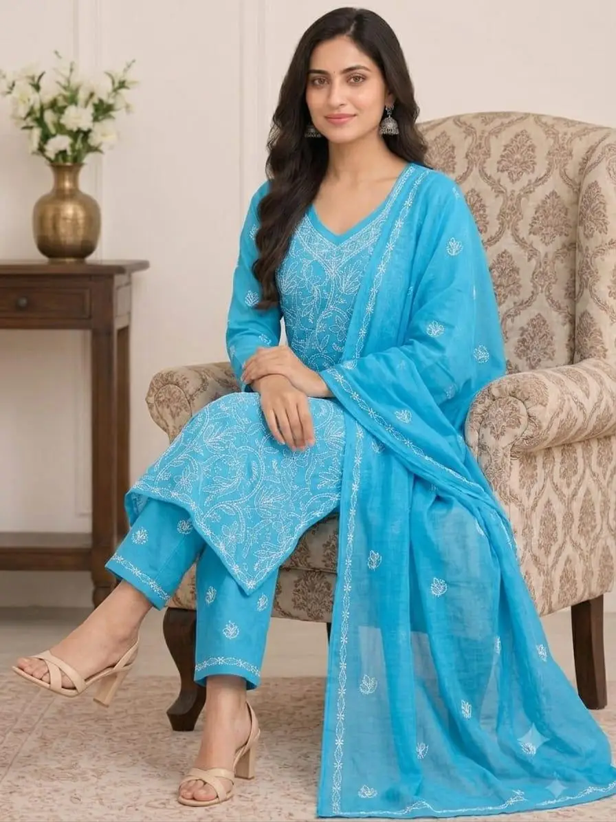 LCF CHIKAN EMBROIDERY MAL COTTON UNSTITCHED DRESS MATERIAL( KURTI DUPATTA & BOTTOM)- BLUE view 3