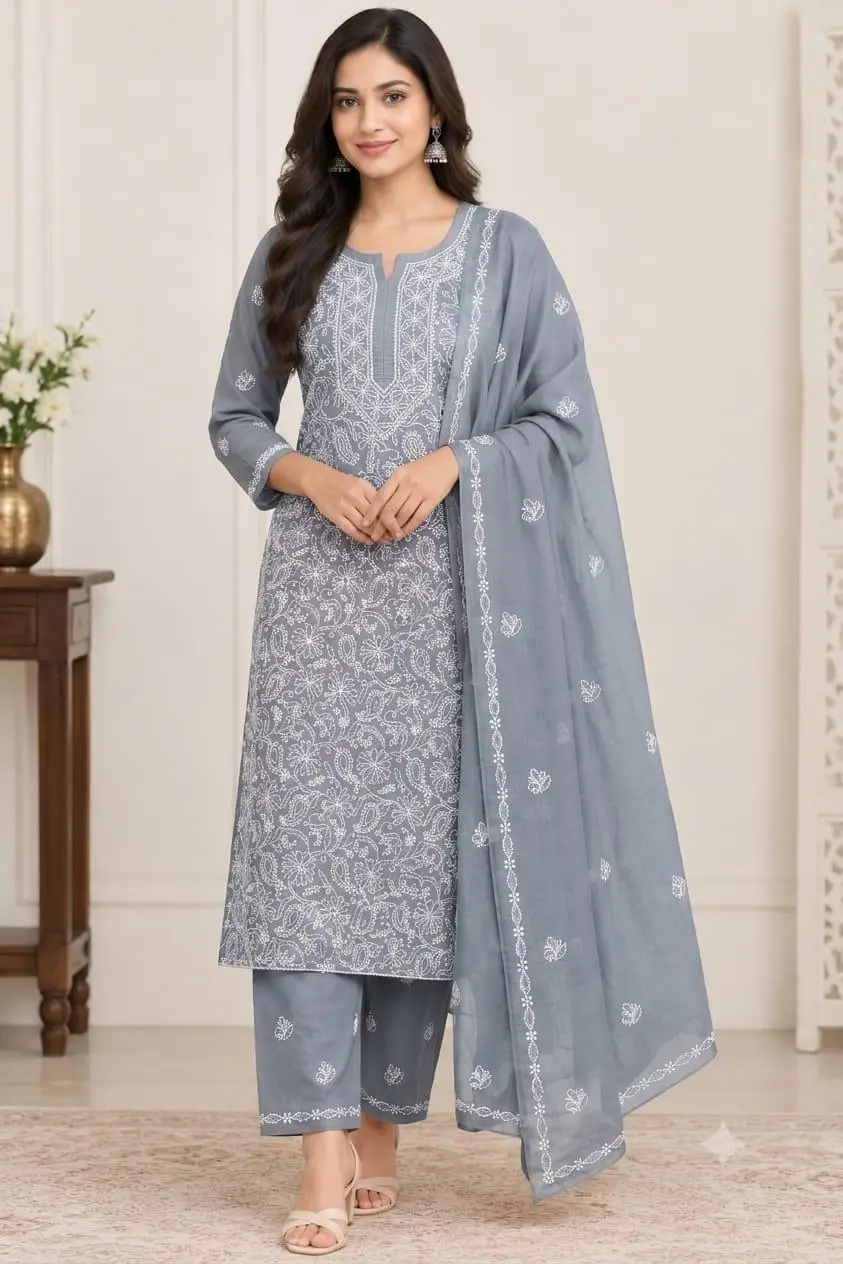LCF CHIKAN EMBROIDERY MAL COTTON UNSTITCHED DRESS MATERIAL( KURTI DUPATTA & BOTTOM)-GREY