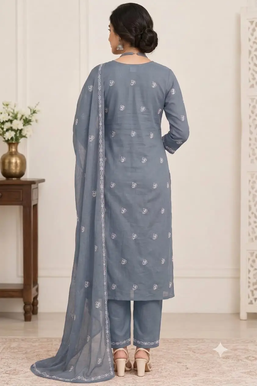 LCF CHIKAN EMBROIDERY MAL COTTON UNSTITCHED DRESS MATERIAL( KURTI DUPATTA & BOTTOM)-GREY view 2