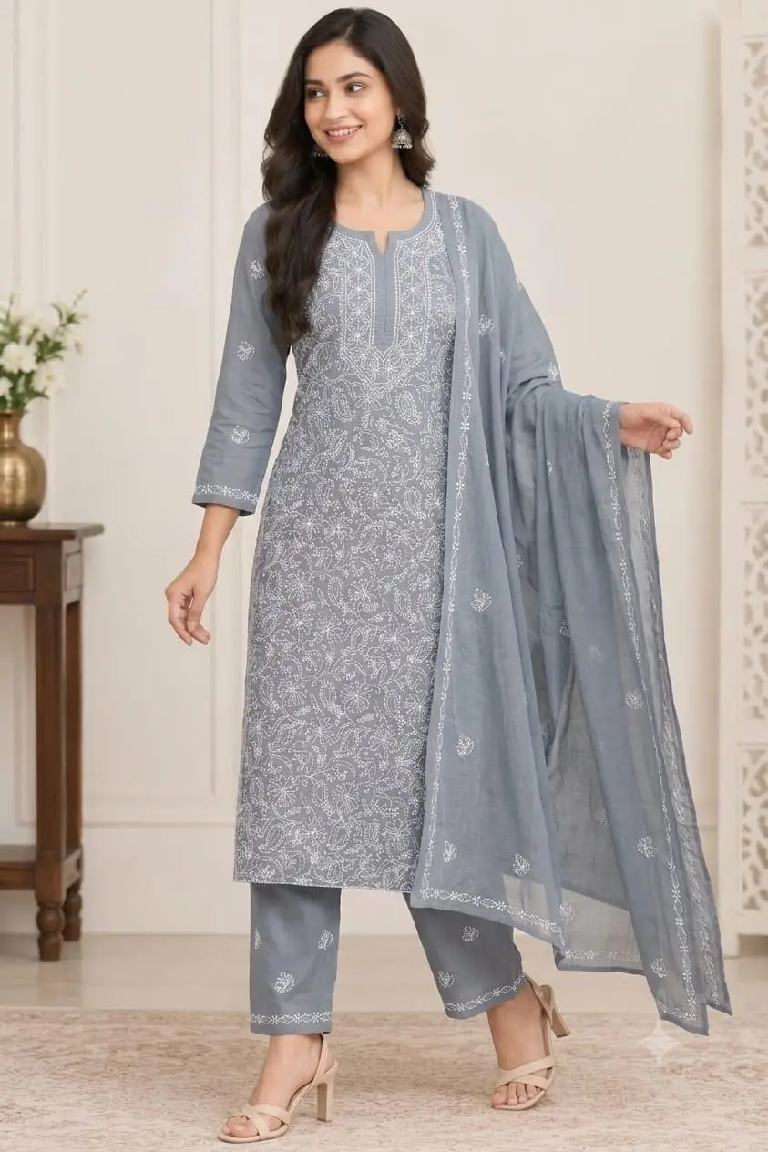 LCF CHIKAN EMBROIDERY MAL COTTON UNSTITCHED DRESS MATERIAL( KURTI DUPATTA & BOTTOM)-GREY view 3